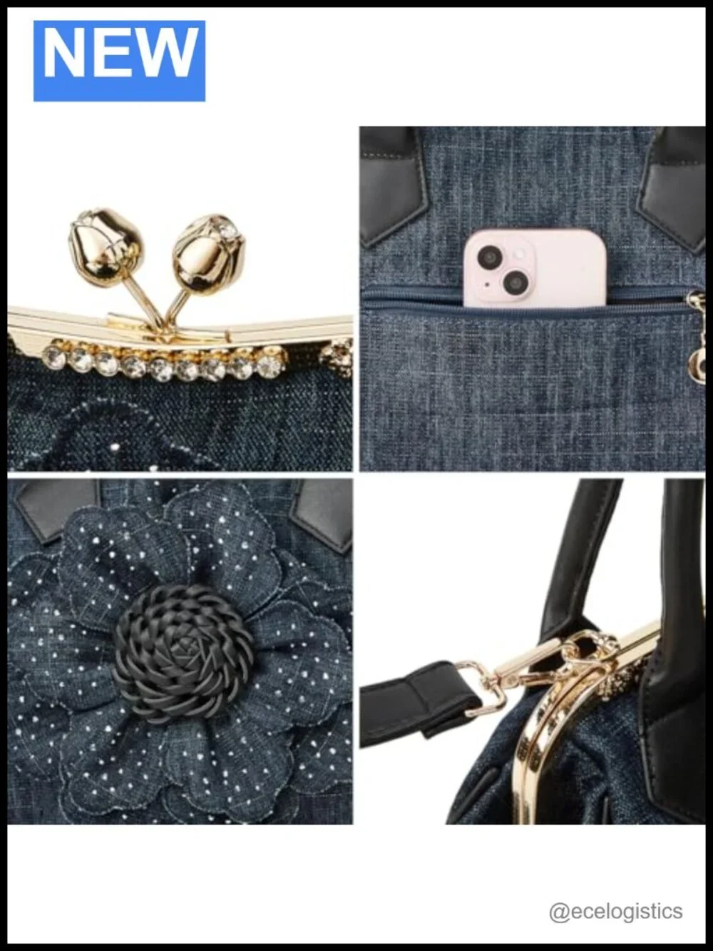 Denim Kiss Lock Tote Handbag Rhinestone Floral Clutch Crossbody Shoulder Bag